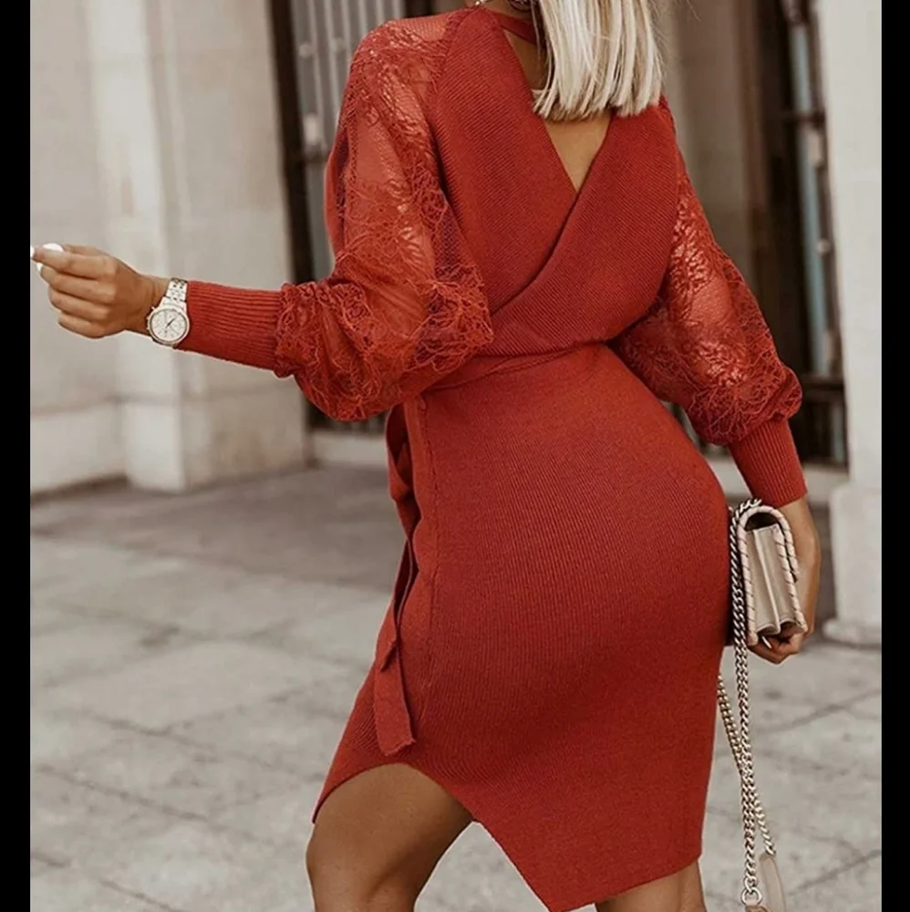 Khaki ribbed knit double v neck wrap waist floral lace sleeve sweater dress - Picture 5 of 5